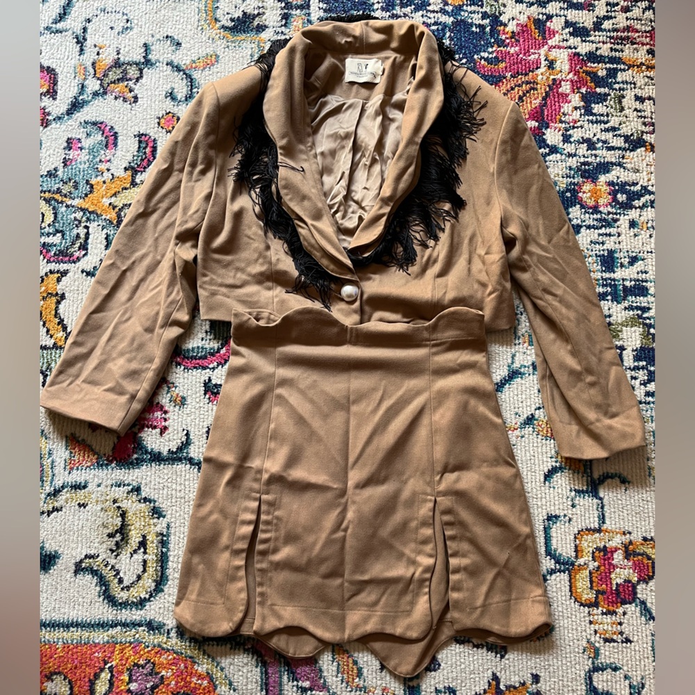 Fashion Brand Company Tan Fringe 2pc Skirt Suit